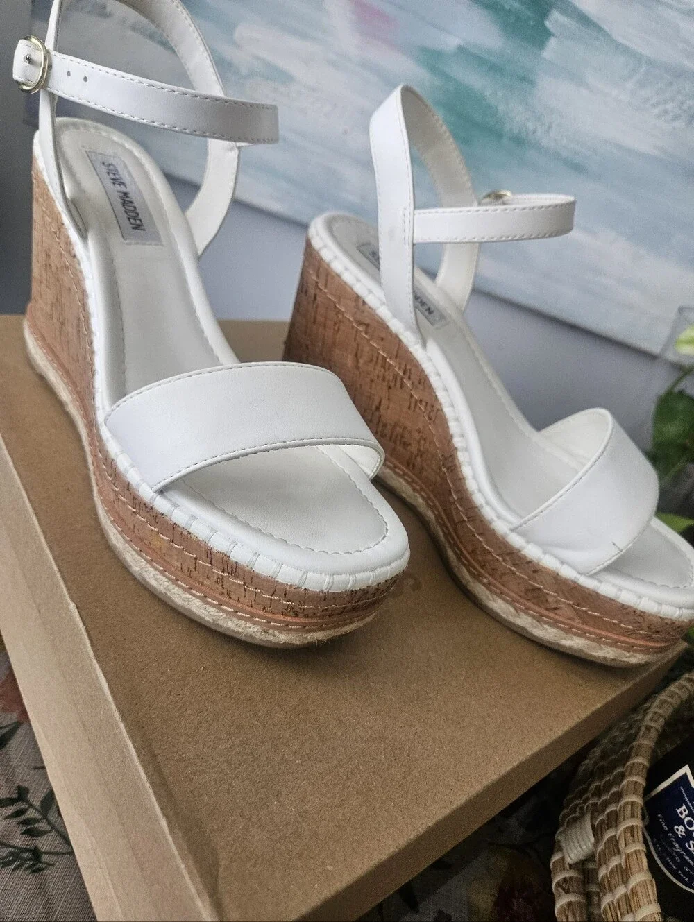 Steve Madden White Platform Cork Wedge Sandals